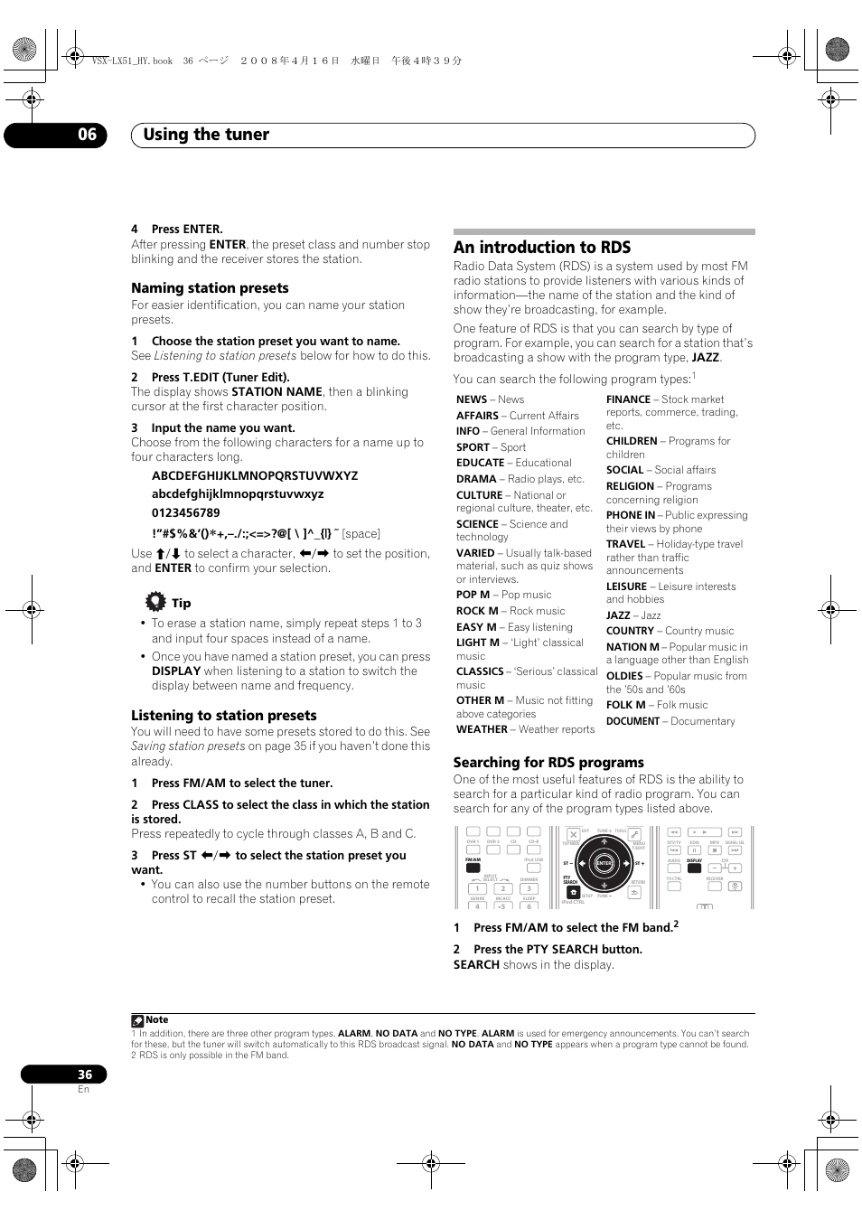 An introduction to rds, Searching for rds programs, Using the tuner 06 | Naming station presets, Listening to station presets | Pioneer VSX-LX51 User Manual | Page 36 / 96