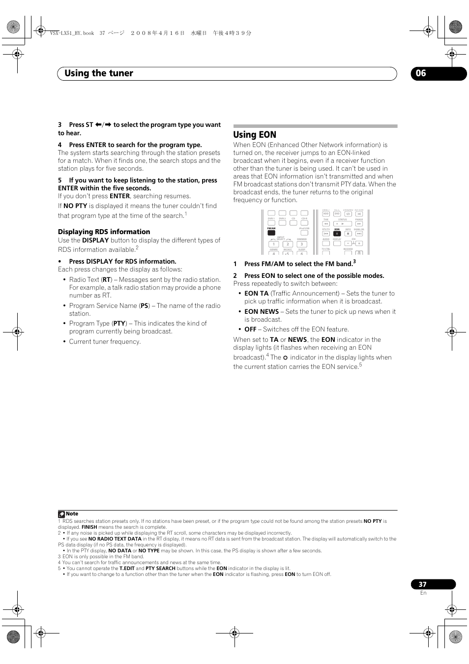 Using eon, Using the tuner 06, Displaying rds information | Pioneer VSX-LX51 User Manual | Page 37 / 96