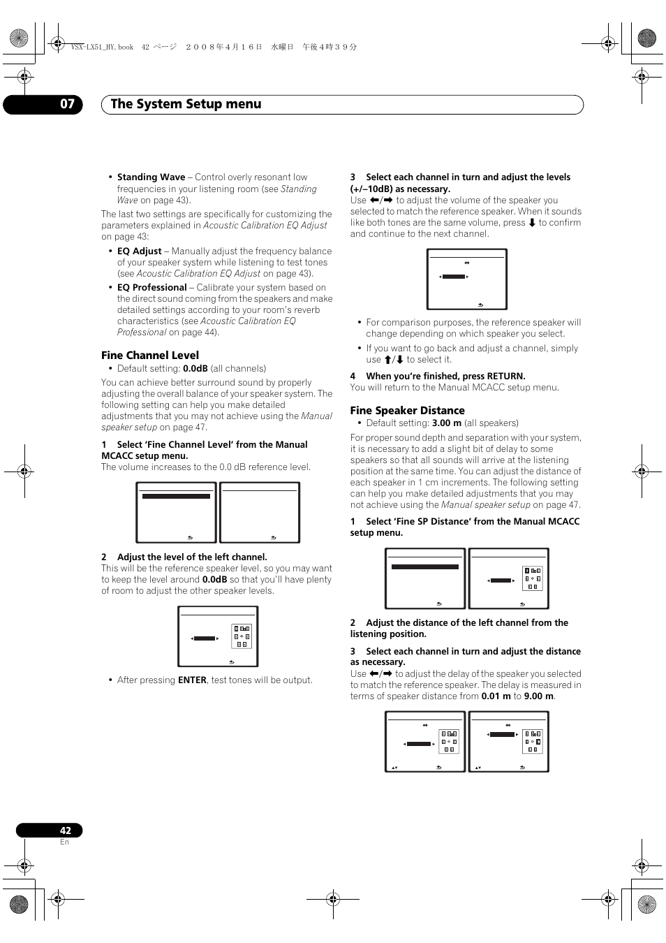 Fine channel level fine speaker distance, The system setup menu 07, Fine channel level | Fine speaker distance | Pioneer VSX-LX51 User Manual | Page 42 / 96