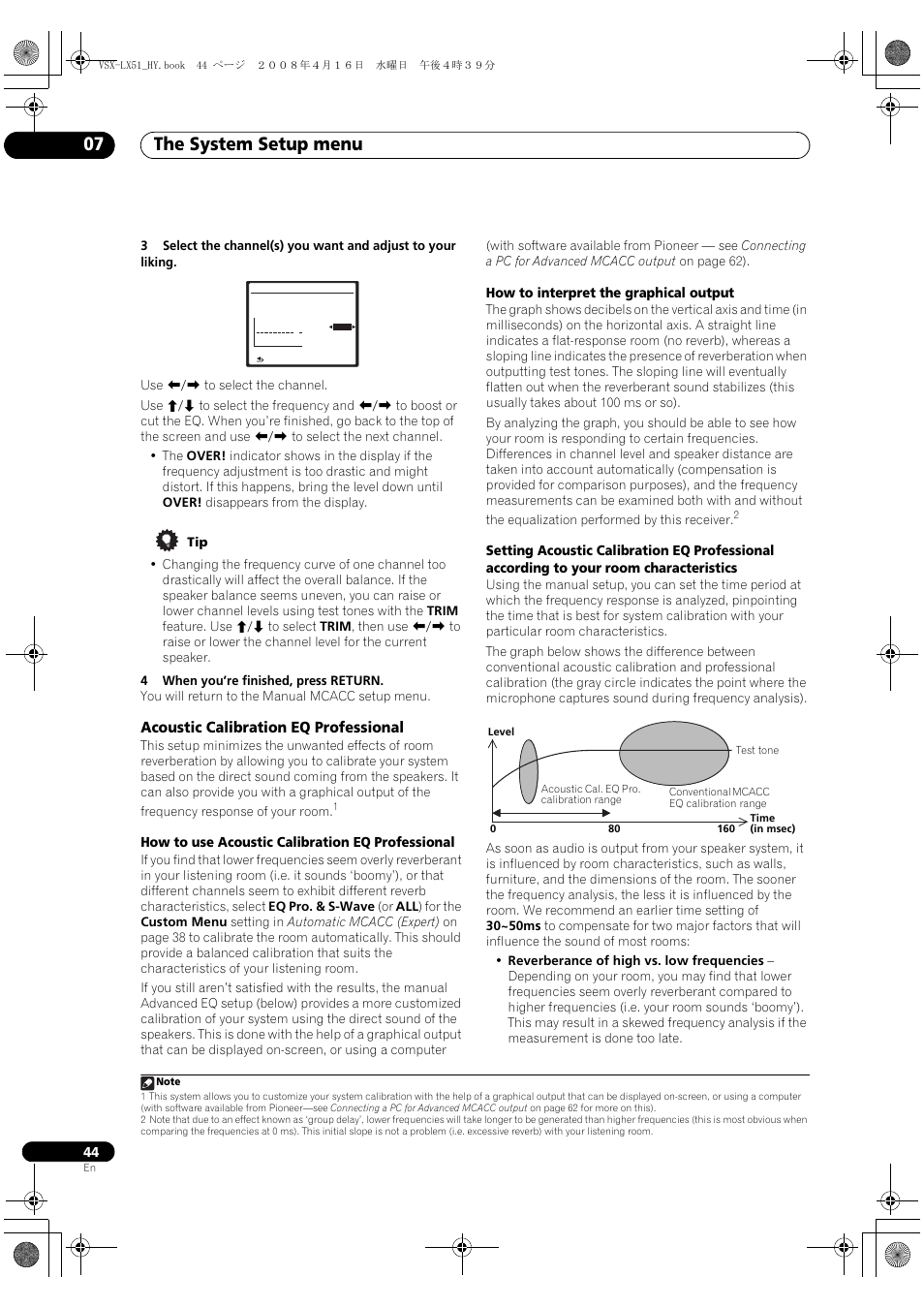 Acoustic calibration eq professional, The system setup menu 07, How to use acoustic calibration eq professional | How to interpret the graphical output | Pioneer VSX-LX51 User Manual | Page 44 / 96