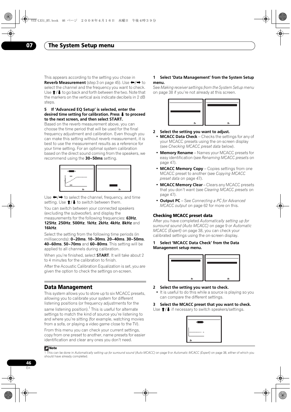 Data management, The system setup menu 07, Checking mcacc preset data | Pioneer VSX-LX51 User Manual | Page 46 / 96