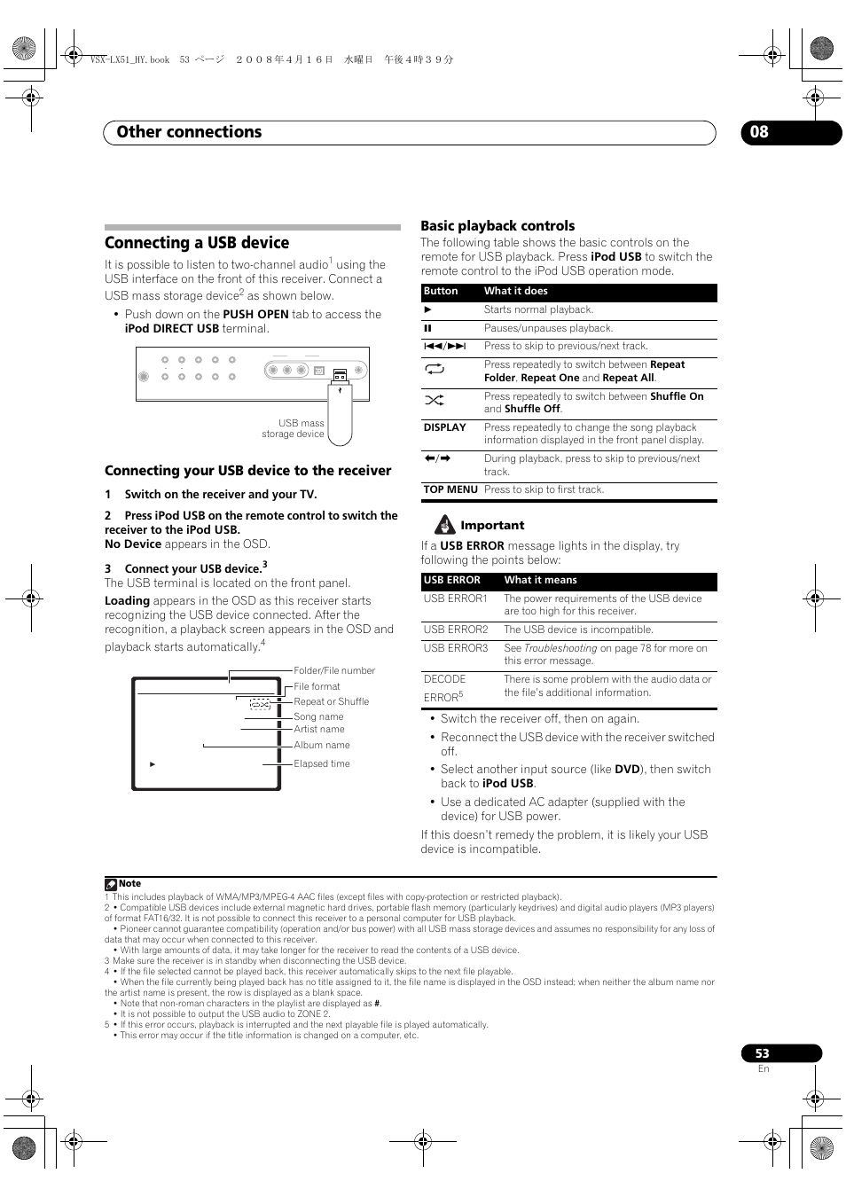 Connecting a usb device, Other connections 08, Connecting your usb device to the receiver | Basic playback controls, It is possible to listen to two-channel audio | Pioneer VSX-LX51 User Manual | Page 53 / 96