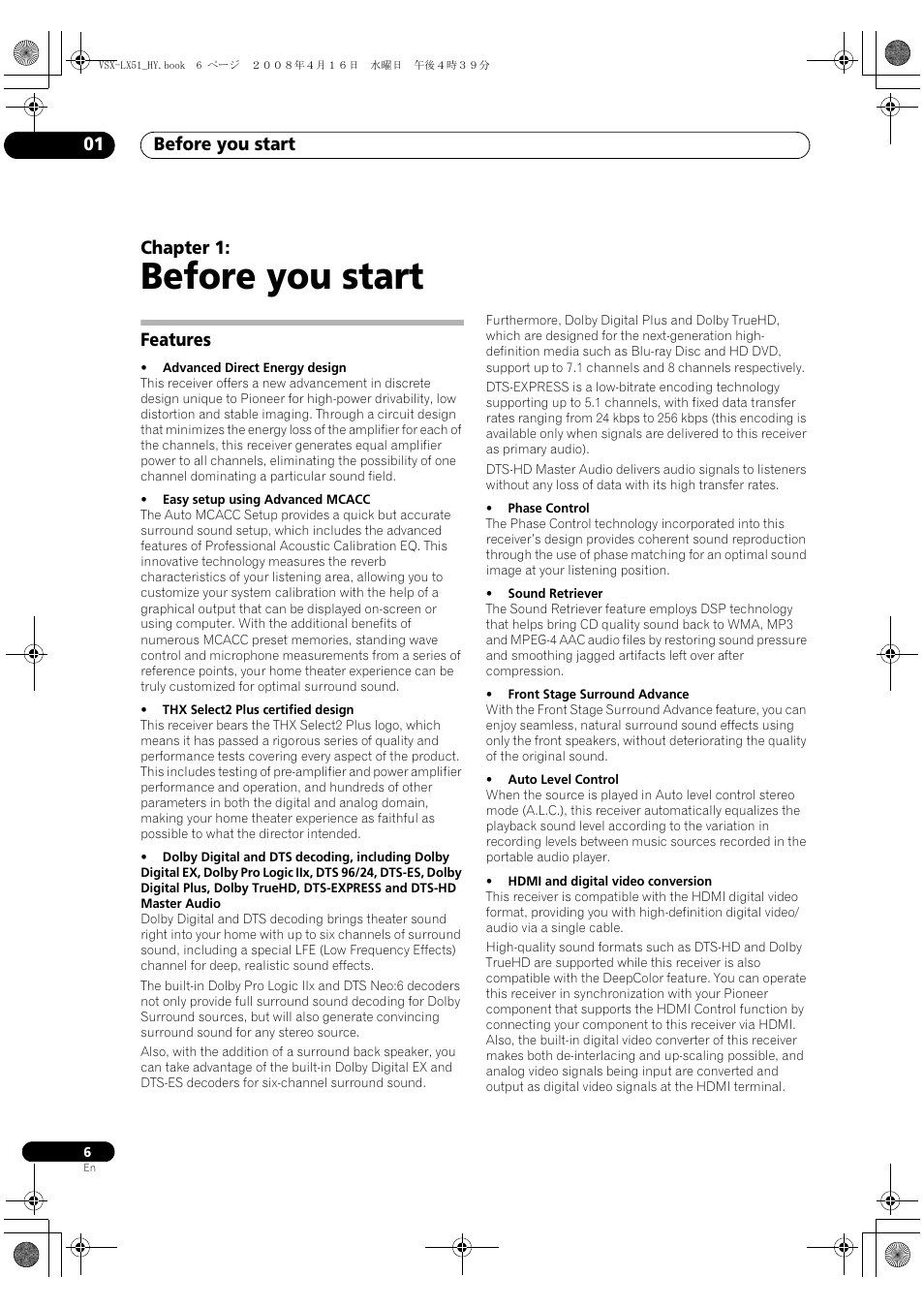 Features, Before you start, Before you start 01 | Chapter 1 | Pioneer VSX-LX51 User Manual | Page 6 / 96