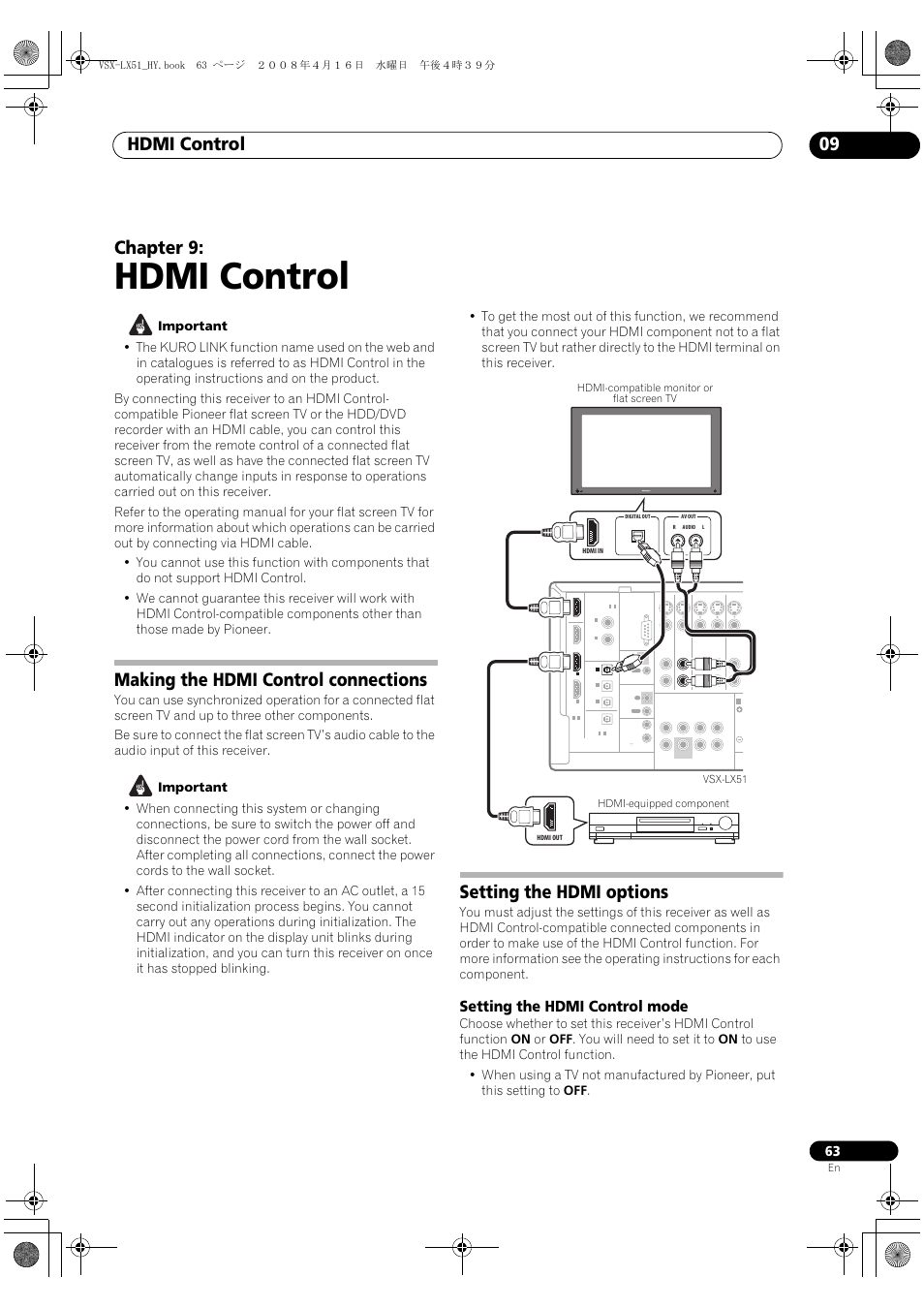 Setting the hdmi control mode, Hdmi control, Hdmi control 09 | Chapter 9, Making the hdmi control connections, Setting the hdmi options | Pioneer VSX-LX51 User Manual | Page 63 / 96