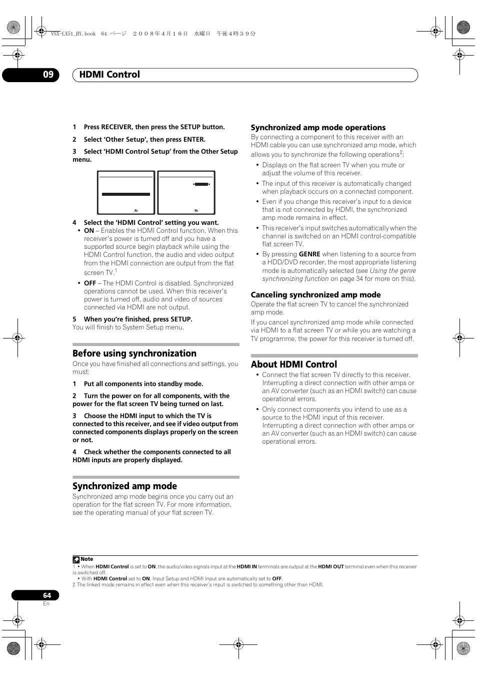 Before using synchronization synchronized amp mode, About hdmi control, Hdmi control 09 | Before using synchronization, Synchronized amp mode | Pioneer VSX-LX51 User Manual | Page 64 / 96