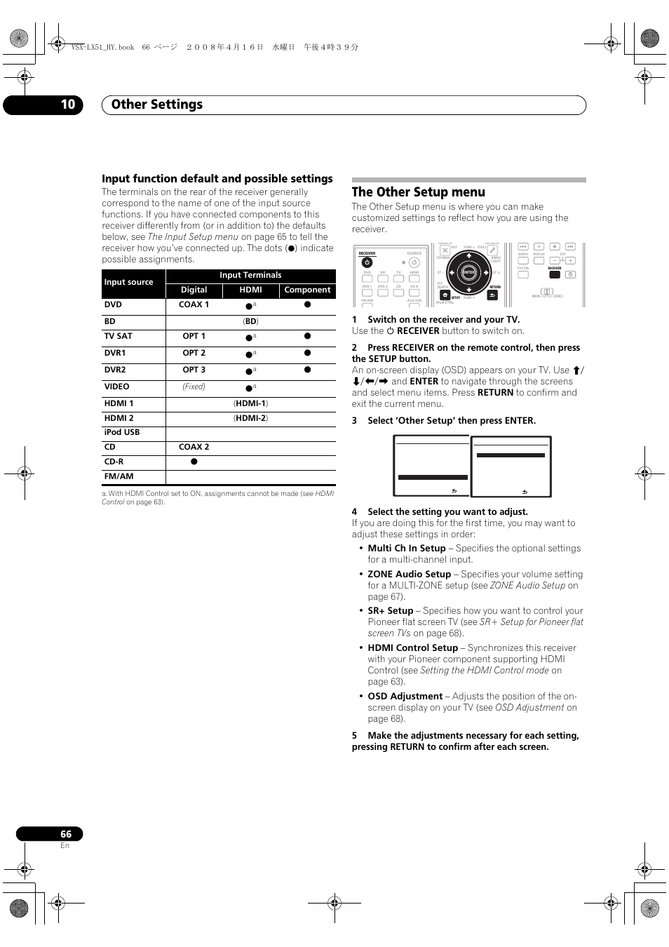 Input function default and possible settings, The other setup menu, Other settings 10 | Pioneer VSX-LX51 User Manual | Page 66 / 96