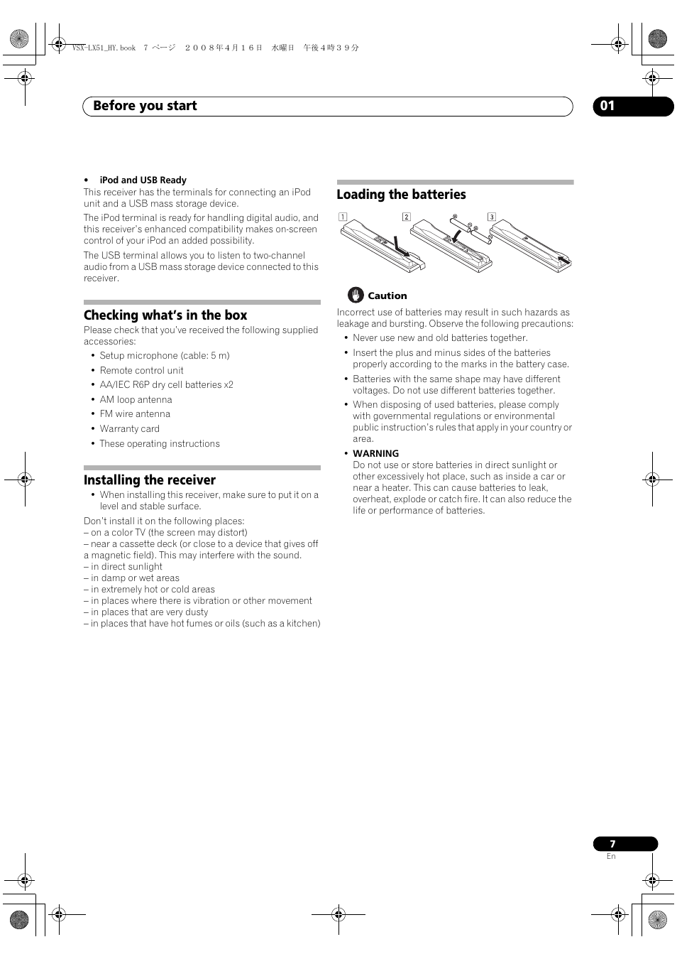 Before you start 01, Checking what’s in the box, Installing the receiver | Loading the batteries | Pioneer VSX-LX51 User Manual | Page 7 / 96