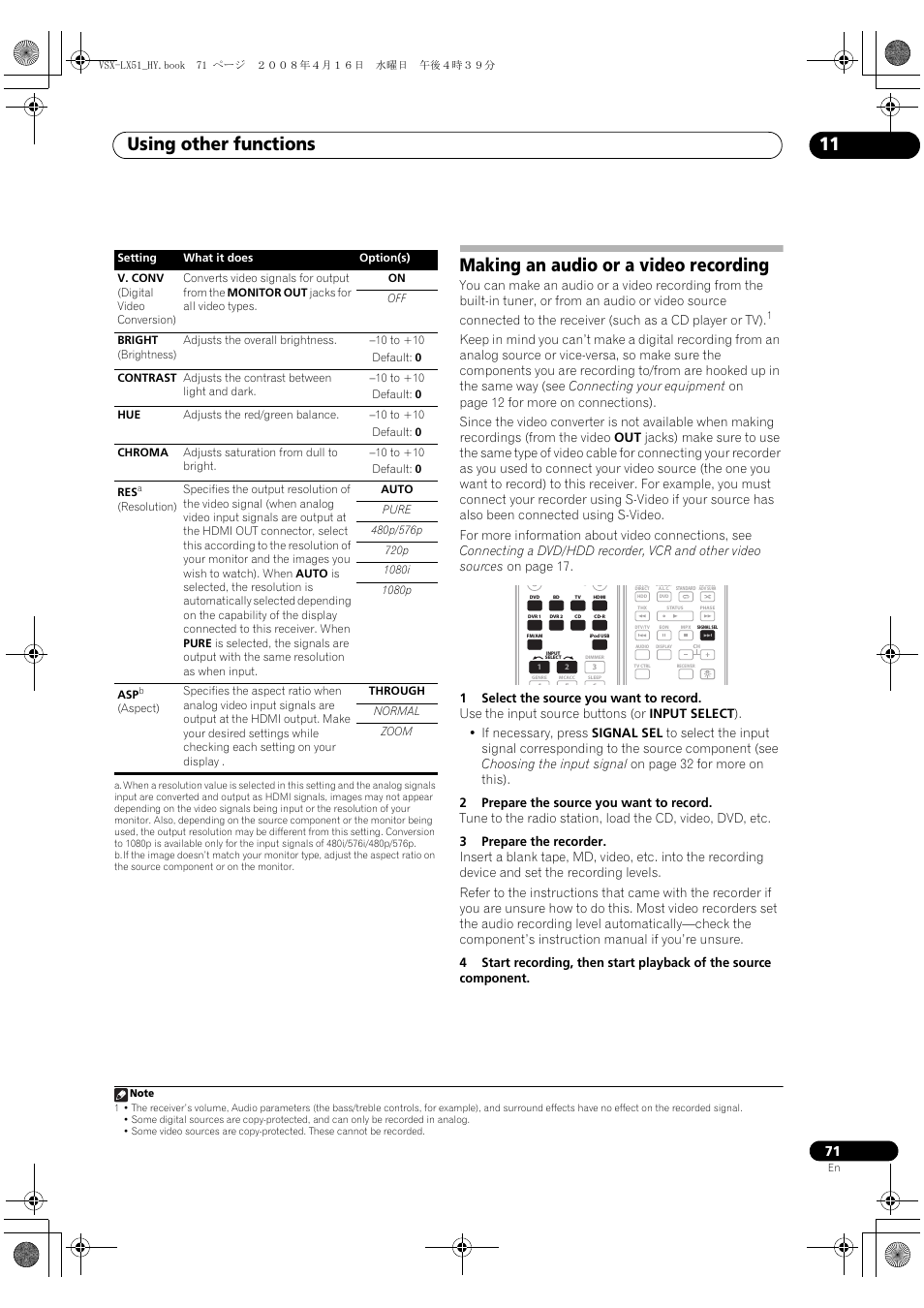 Making an audio or a video recording, Using other functions 11 | Pioneer VSX-LX51 User Manual | Page 71 / 96