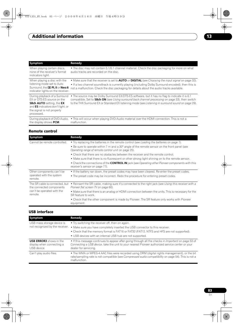 Remote control usb interface, Additional information 13 | Pioneer VSX-LX51 User Manual | Page 83 / 96