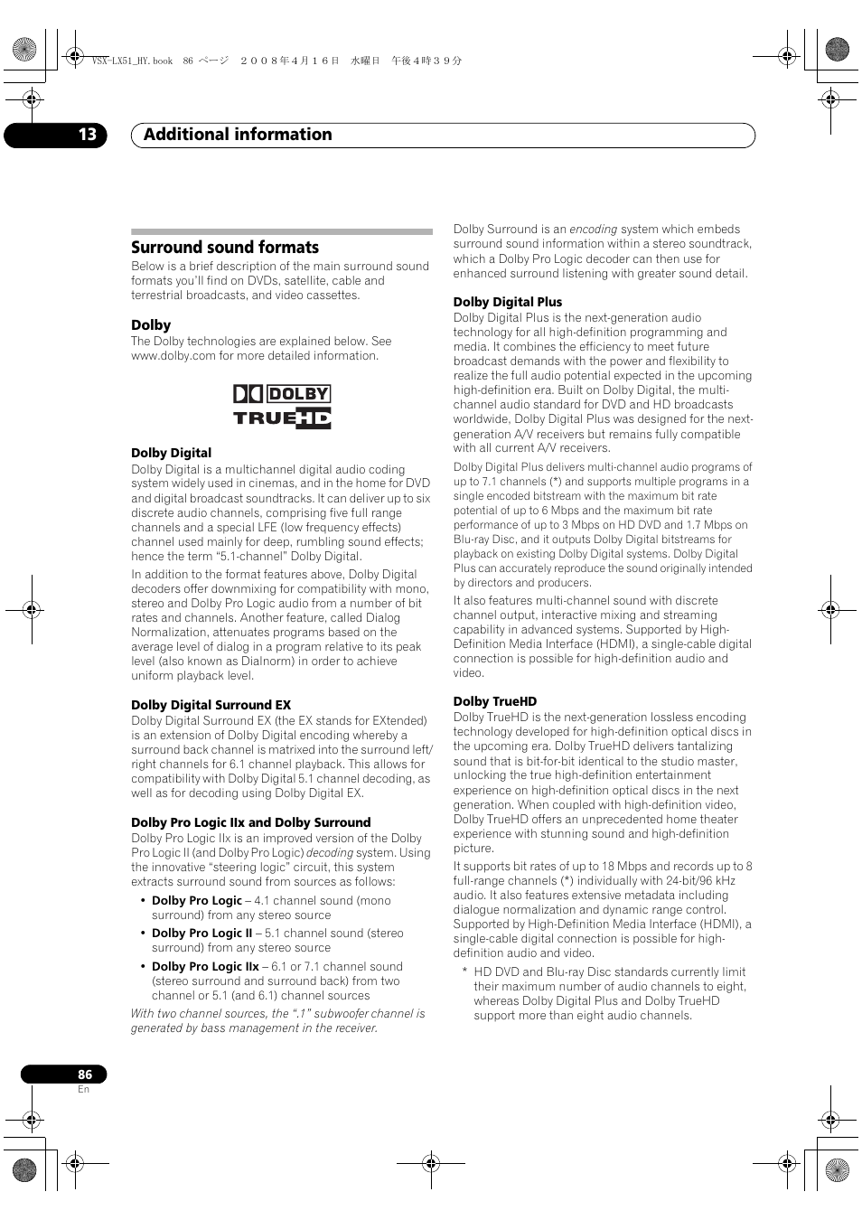 Surround sound formats, Dolby, Additional information 13 | Pioneer VSX-LX51 User Manual | Page 86 / 96