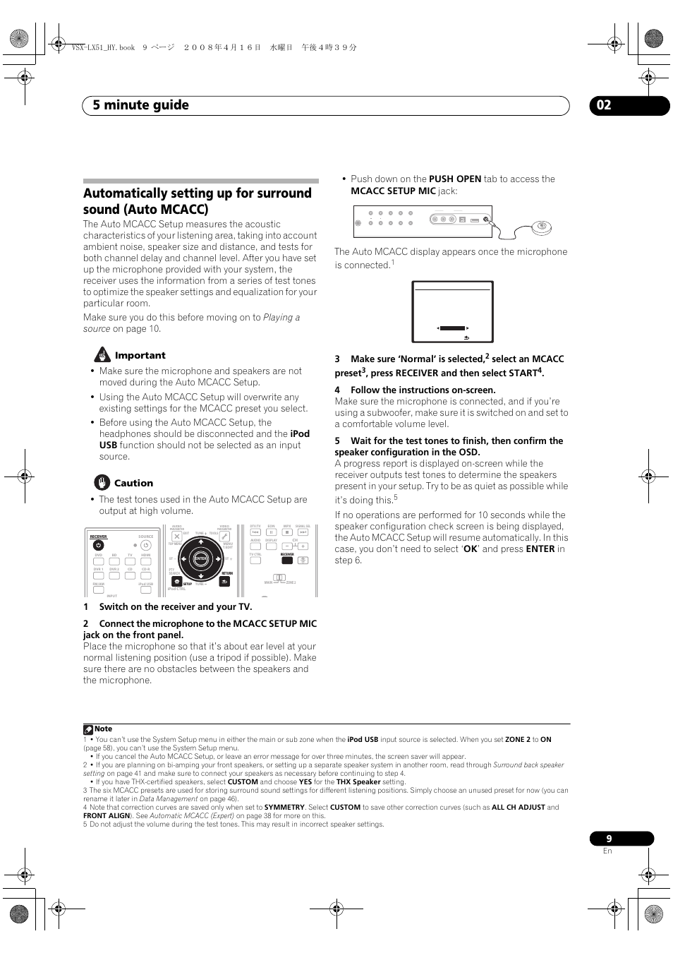 5 minute guide 02, 3make sure ‘normal’ is selected, Select an mcacc preset | Press receiver and then select start | Pioneer VSX-LX51 User Manual | Page 9 / 96