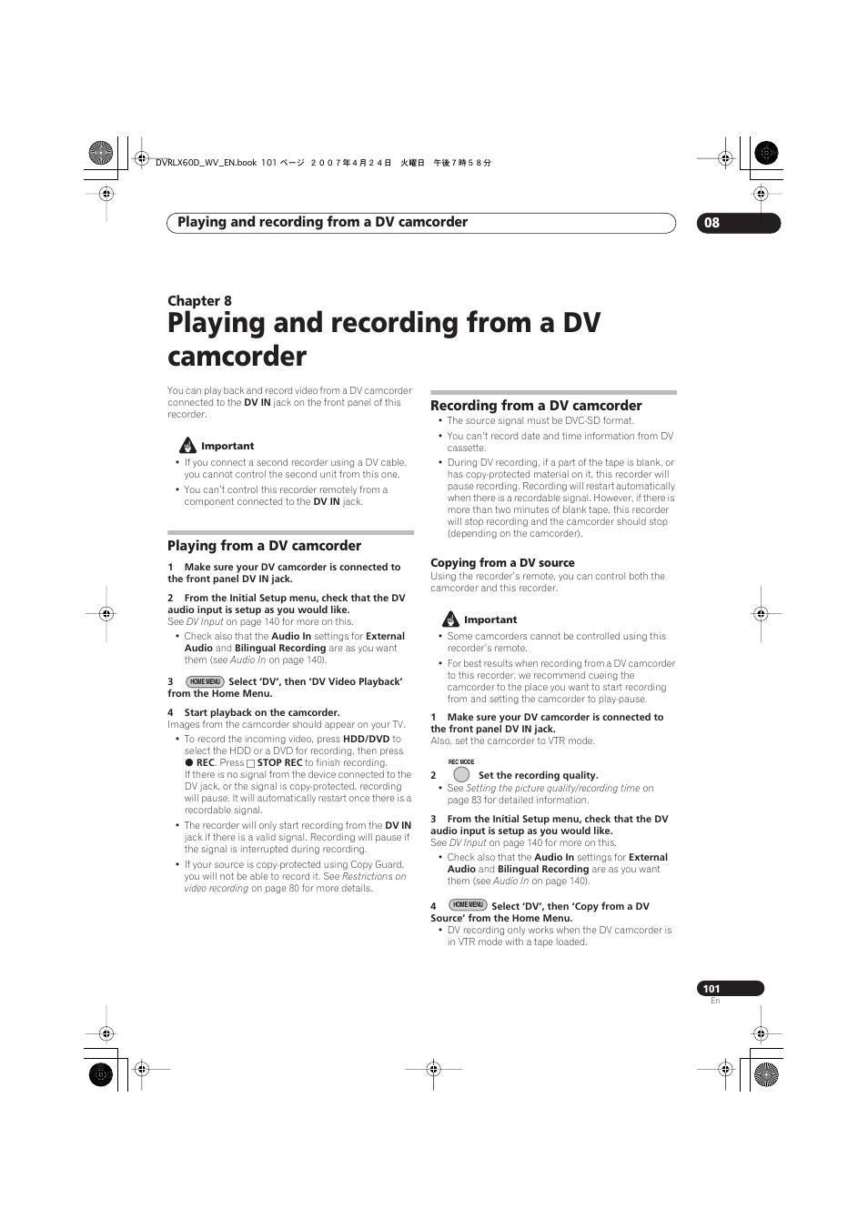 08 playing and recording from a dv camcorder, Playing from a dv camcorder, Recording from a dv camcorder | Playing and recording from a dv camcorder, Playing and recording from a dv camcorder 08, Chapter 8 | Pioneer RCS-LX60D User Manual | Page 101 / 164