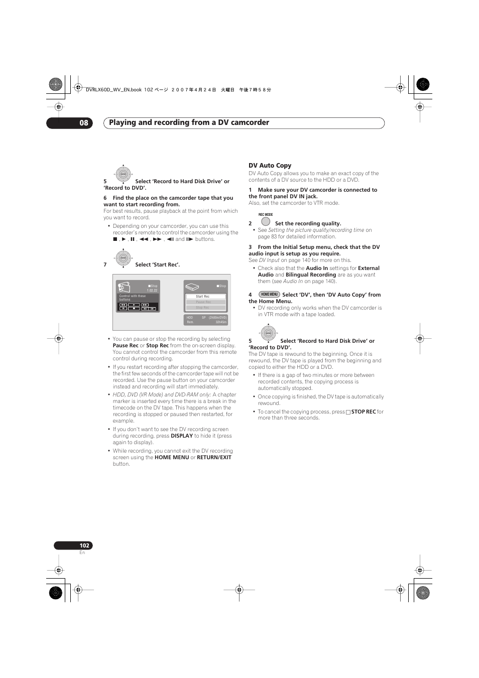 Playing and recording from a dv camcorder 08 | Pioneer RCS-LX60D User Manual | Page 102 / 164