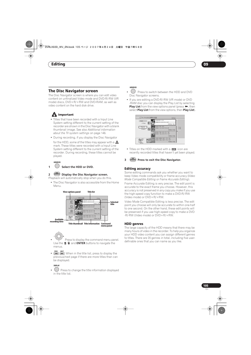 The disc navigator screen, Editing 09, Editing accuracy | Hdd genres | Pioneer RCS-LX60D User Manual | Page 105 / 164