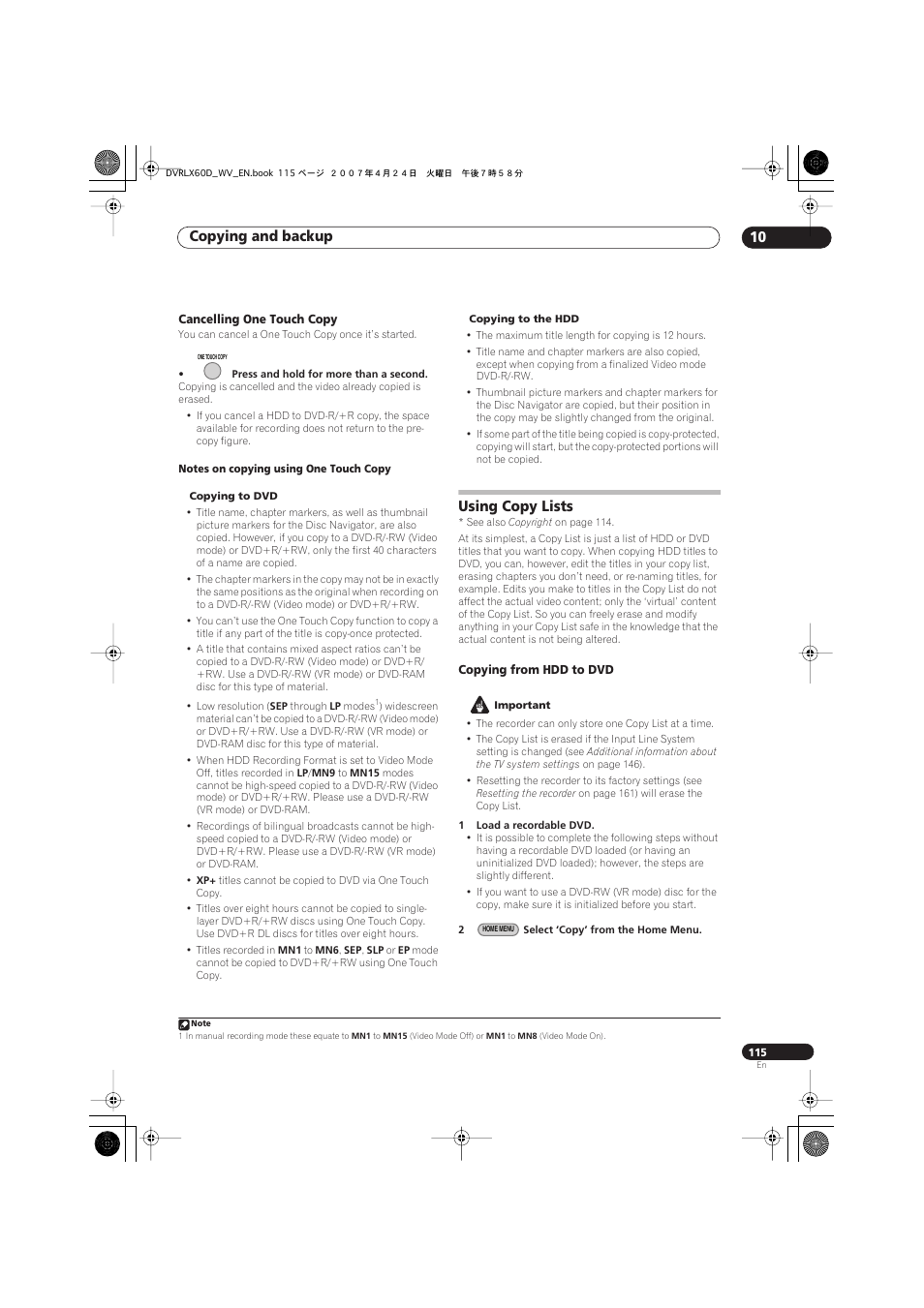 Using copy lists, Copying and backup 10 | Pioneer RCS-LX60D User Manual | Page 115 / 164