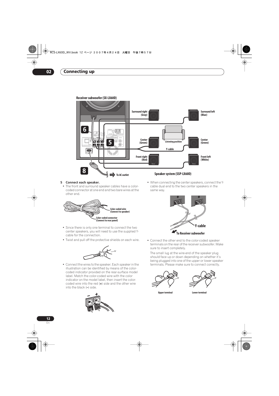 Connecting up 02, Y-cable, Receiver subwoofer (sx-lx60d) | Speaker system (ssp-lx60d) | Pioneer RCS-LX60D User Manual | Page 12 / 164