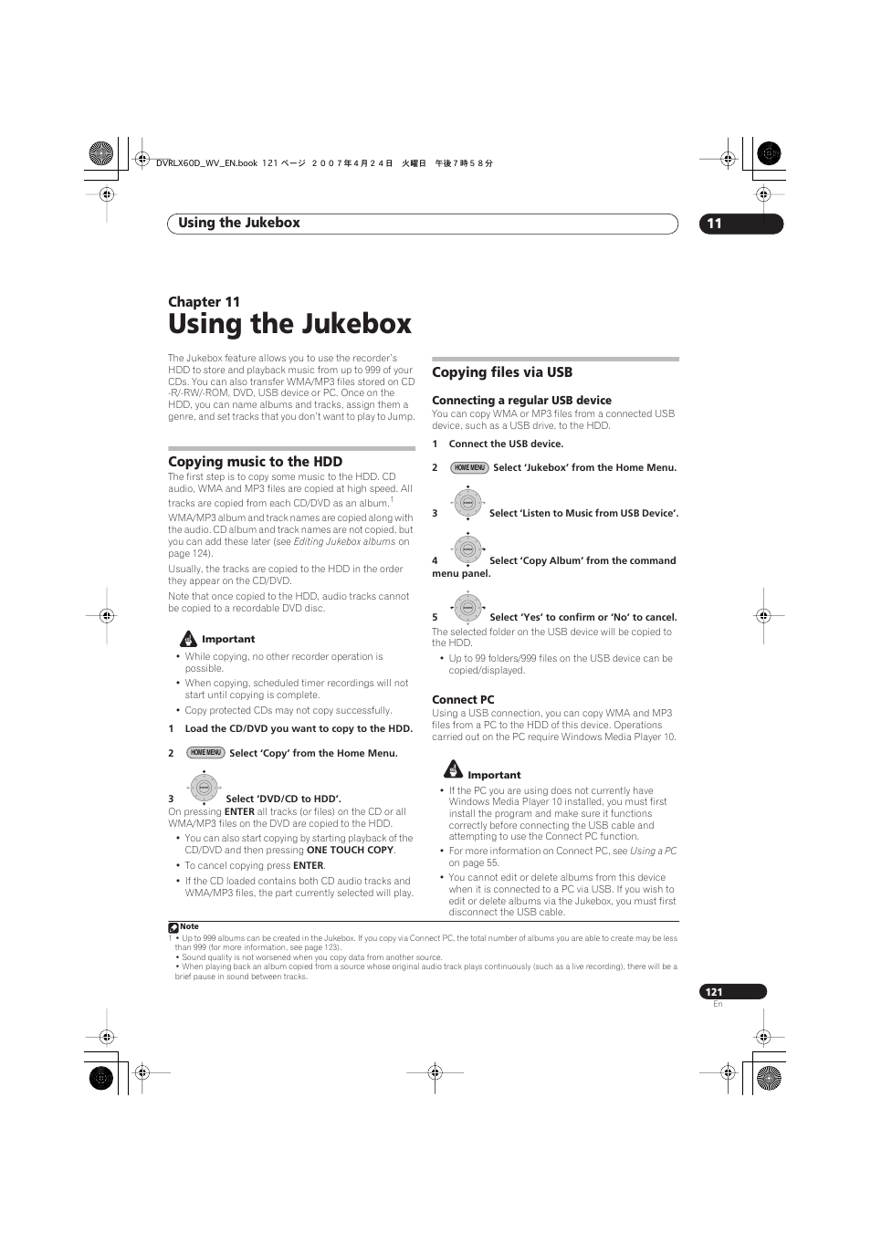 11 using the jukebox, Copying music to the hdd, Copying files via usb | Using the jukebox, Using the jukebox 11, Chapter 11 | Pioneer RCS-LX60D User Manual | Page 121 / 164