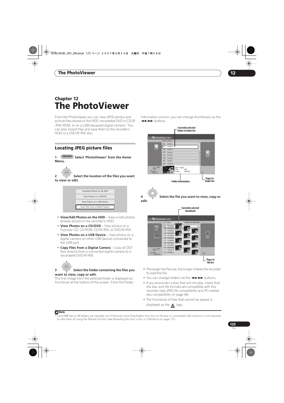 12 the photoviewer, Locating jpeg picture files, The photoviewer | The photoviewer 12, Chapter 12 | Pioneer RCS-LX60D User Manual | Page 125 / 164