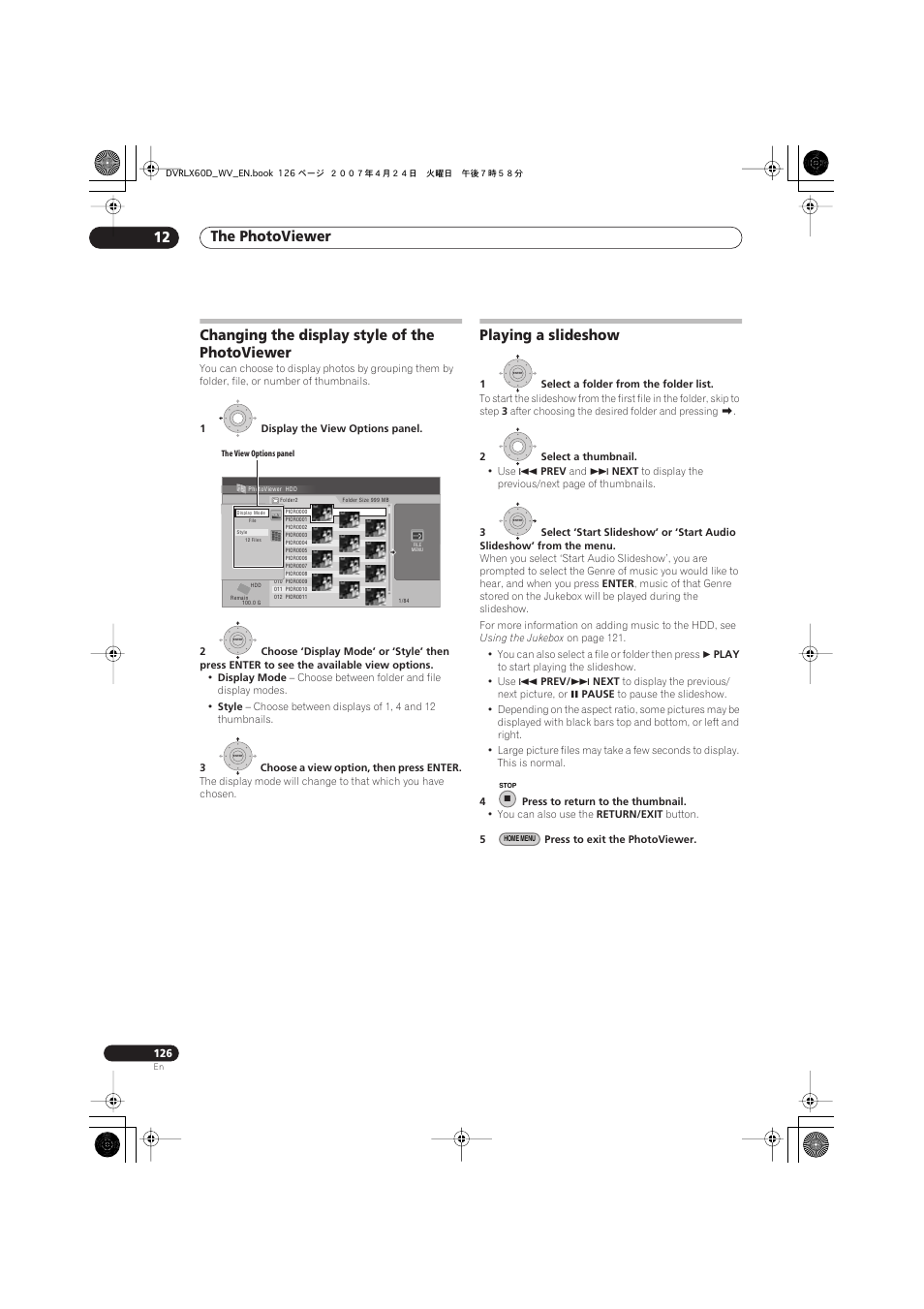 Changing the display style of the photoviewer, Playing a slideshow, The photoviewer 12 | Pioneer RCS-LX60D User Manual | Page 126 / 164