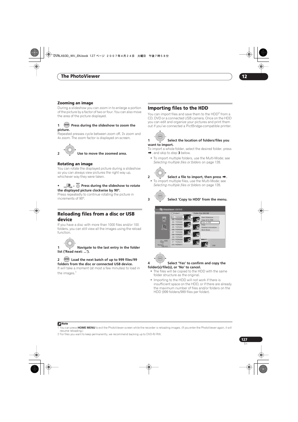 Reloading files from a disc or usb device, Importing files to the hdd, The photoviewer 12 | Pioneer RCS-LX60D User Manual | Page 127 / 164