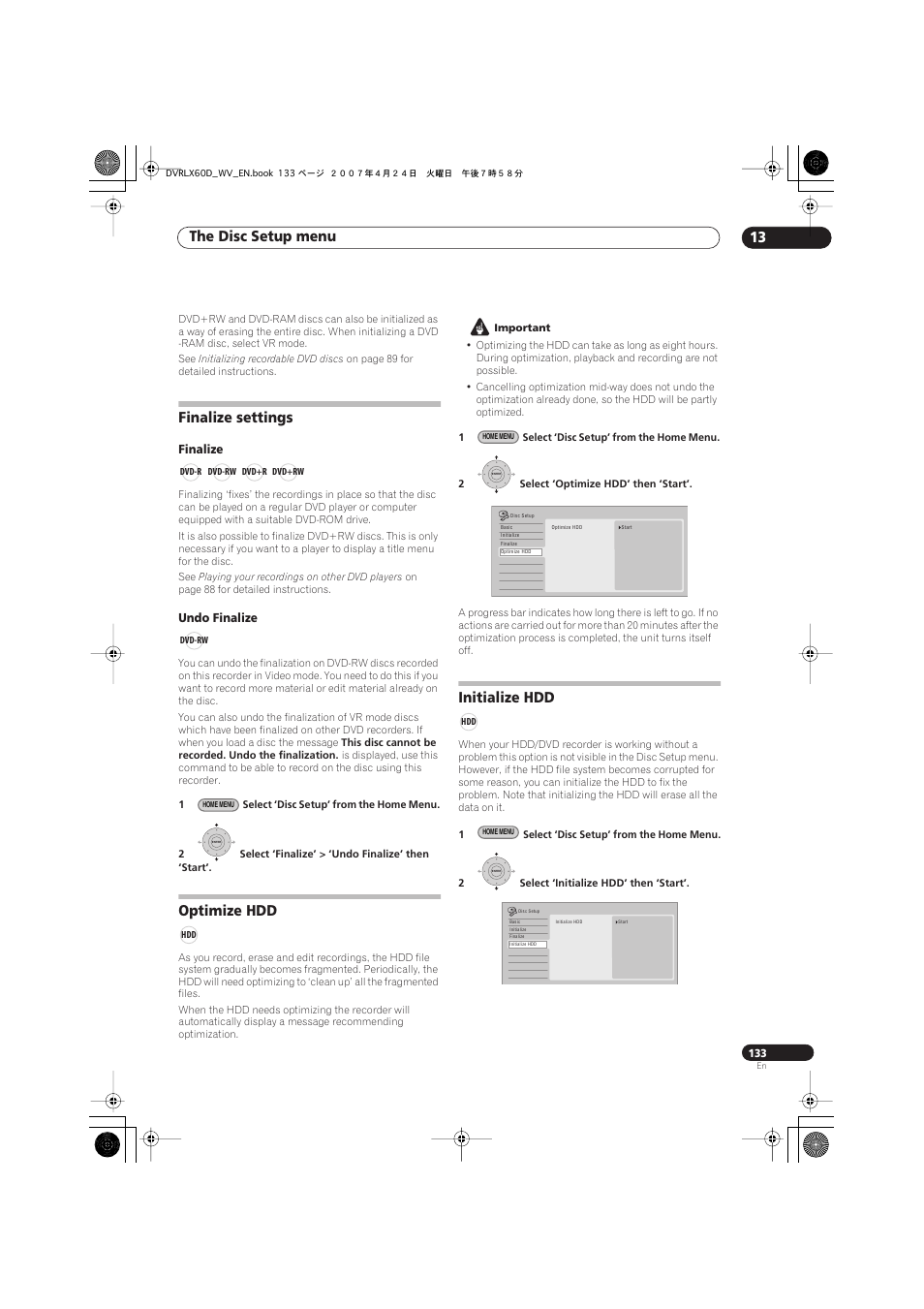 Finalize settings, Optimize hdd, Initialize hdd | The disc setup menu 13 | Pioneer RCS-LX60D User Manual | Page 133 / 164