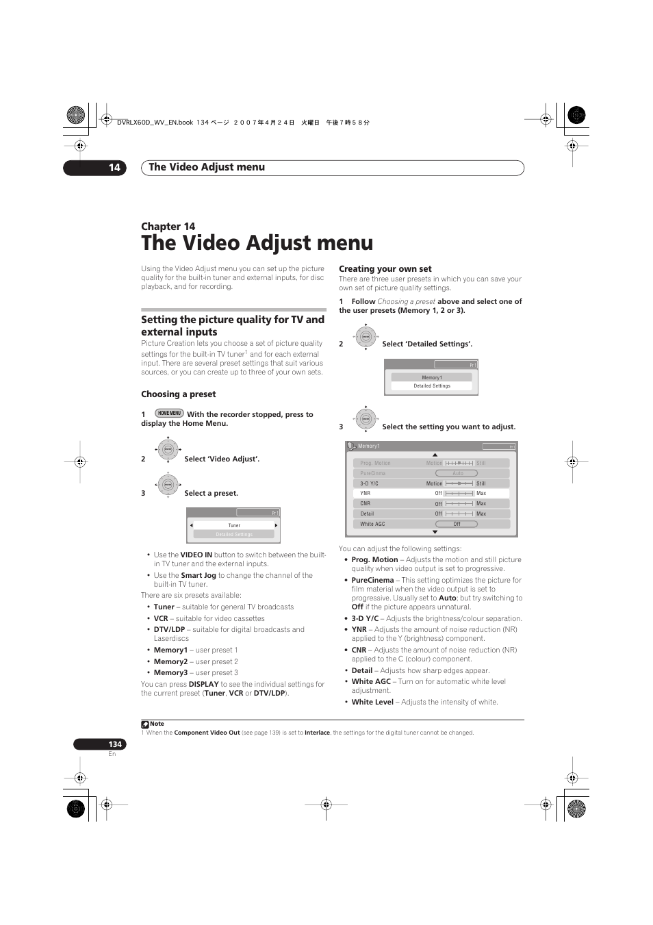 14 the video adjust menu, The video adjust menu, The video adjust menu 14 | Chapter 14 | Pioneer RCS-LX60D User Manual | Page 134 / 164
