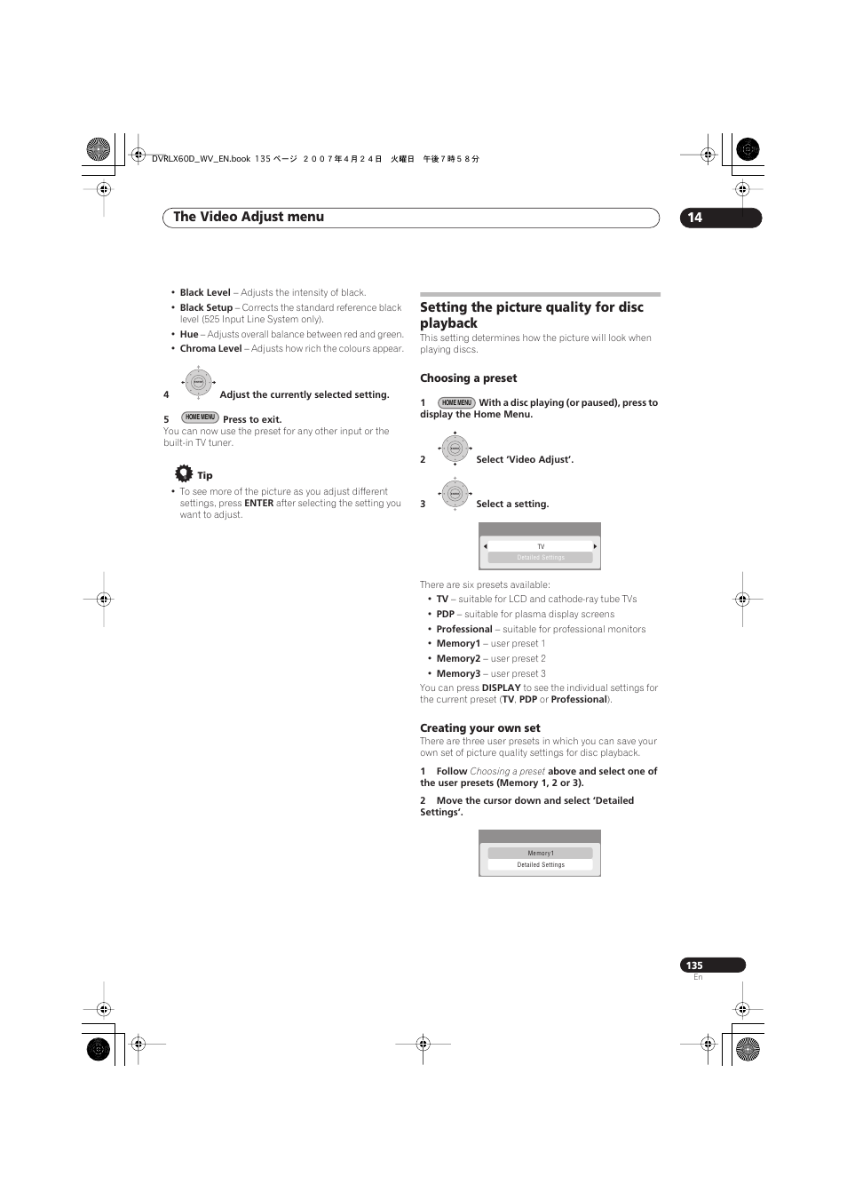 Setting the picture quality for disc playback, The video adjust menu 14 | Pioneer RCS-LX60D User Manual | Page 135 / 164
