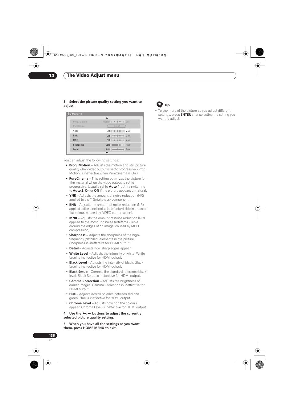 The video adjust menu 14 | Pioneer RCS-LX60D User Manual | Page 136 / 164