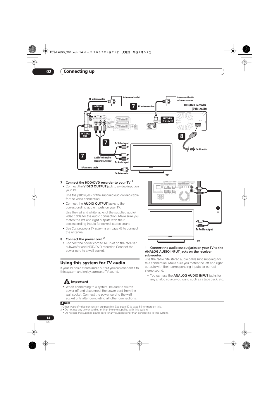 Using this system for tv audio, Connecting up 02 | Pioneer RCS-LX60D User Manual | Page 14 / 164