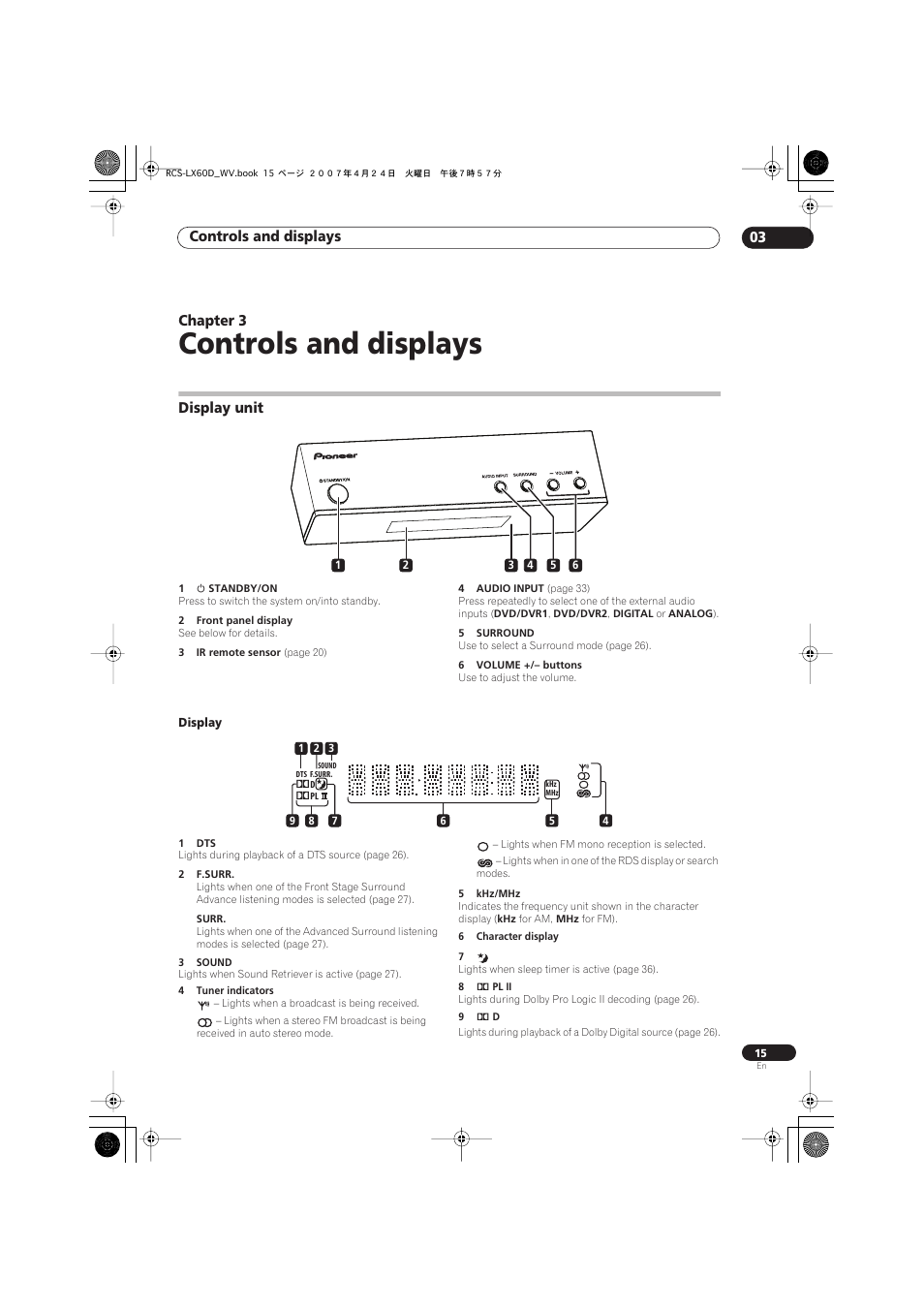 03 controls and displays, Display unit, Display | Controls and displays, Controls and displays 03, Chapter 3 | Pioneer RCS-LX60D User Manual | Page 15 / 164