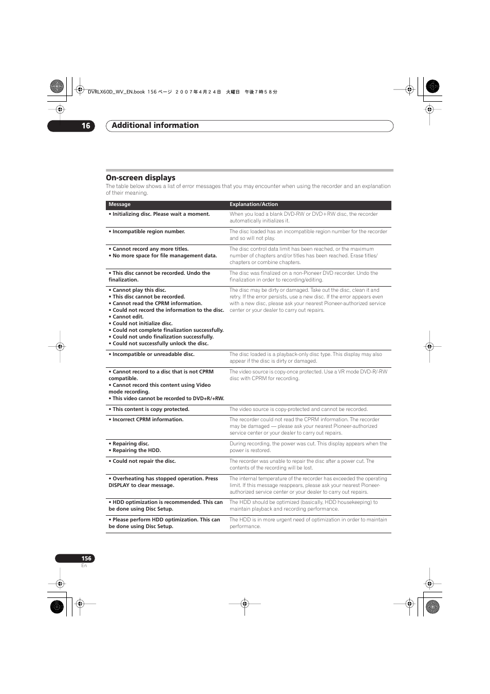 On-screen displays, Additional information 16 | Pioneer RCS-LX60D User Manual | Page 156 / 164