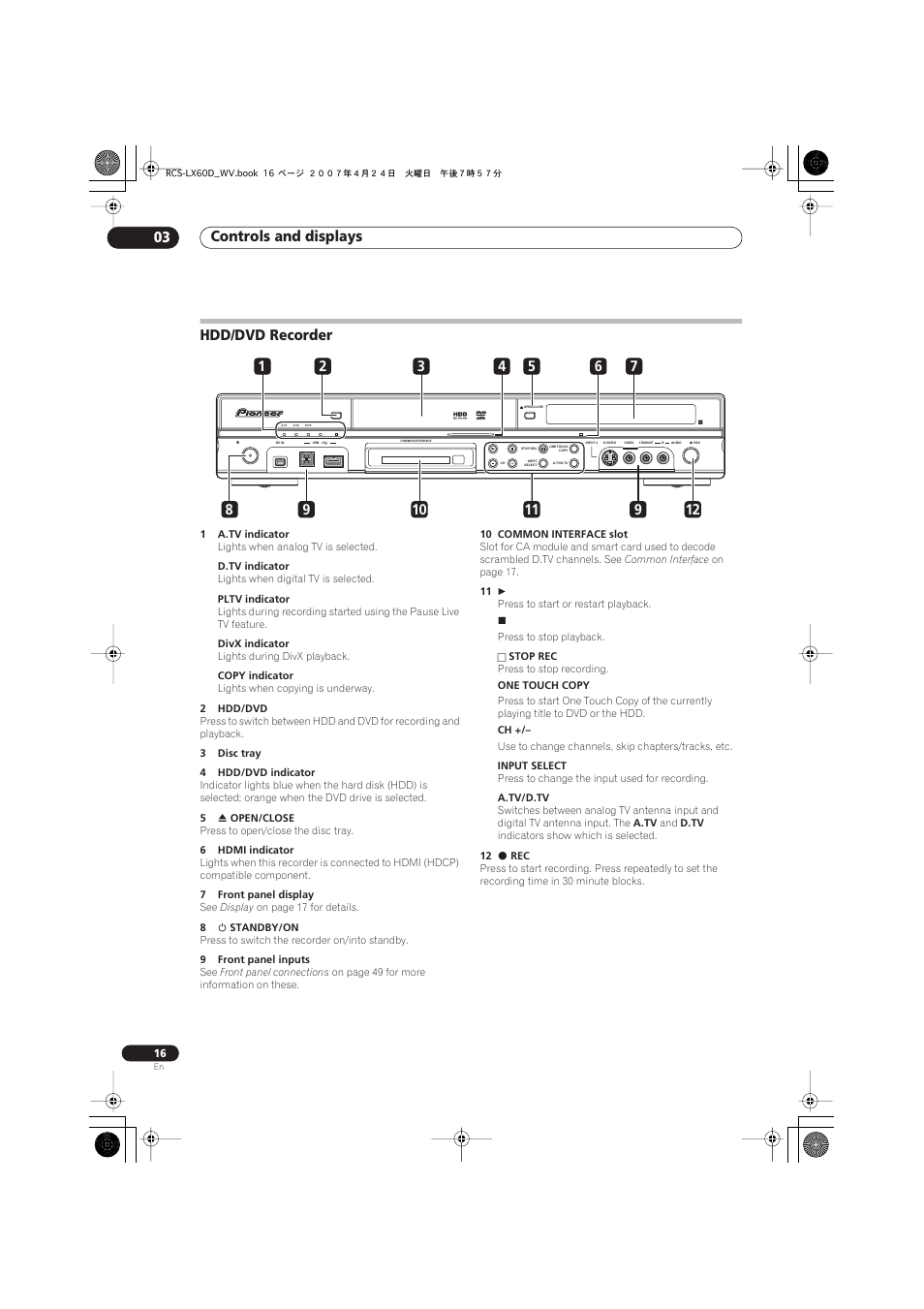 Hdd/dvd recorder, Controls and displays 03 | Pioneer RCS-LX60D User Manual | Page 16 / 164