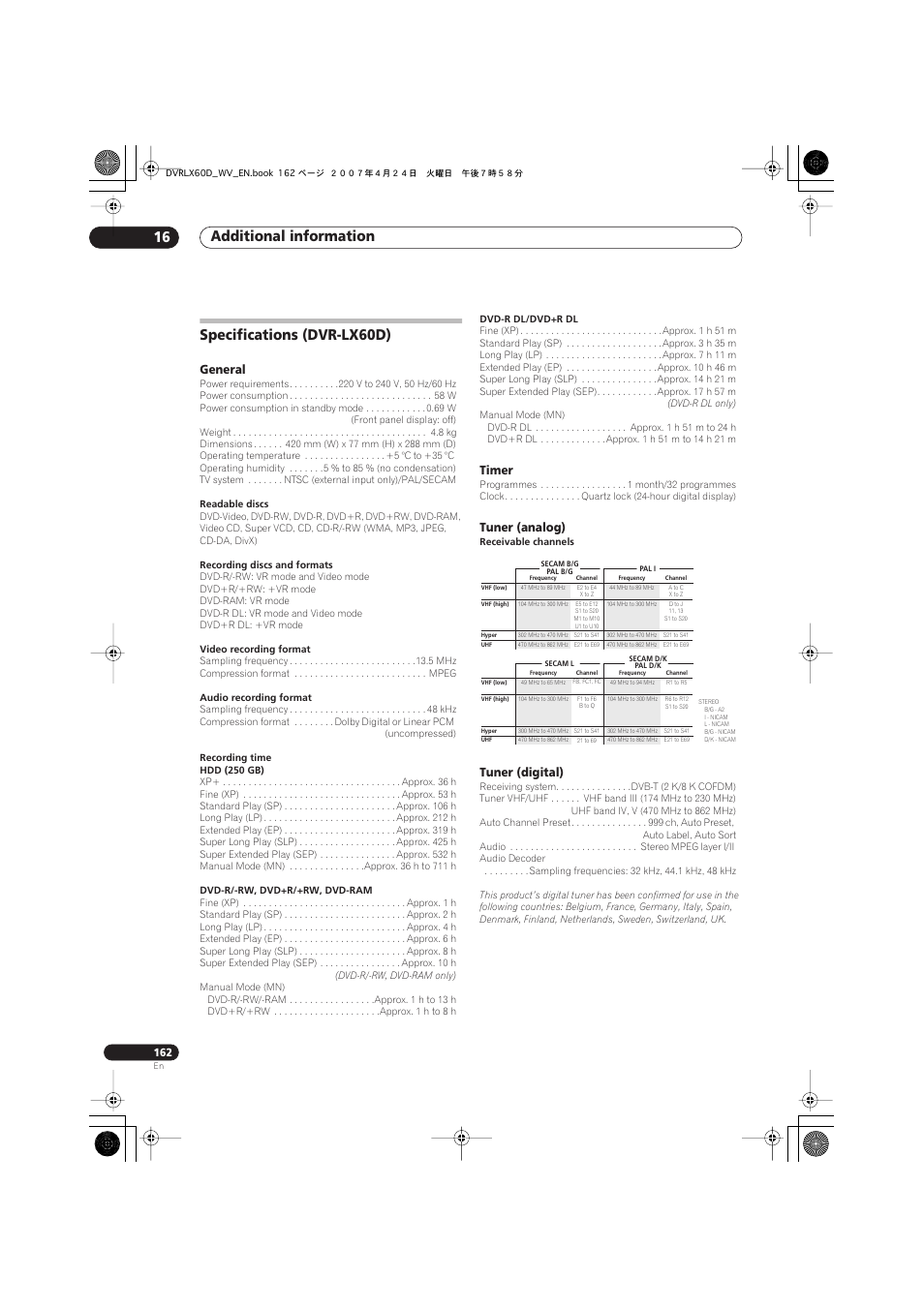 Specifications (dvr-lx60d), Additional information 16, General | Timer, Tuner (analog), Tuner (digital) | Pioneer RCS-LX60D User Manual | Page 162 / 164