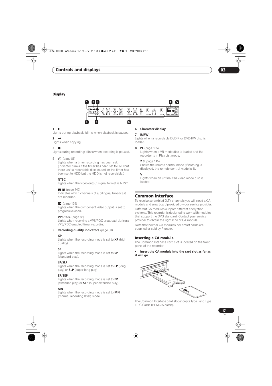 Display, Common interface, Inserting a ca module | Controls and displays 03 | Pioneer RCS-LX60D User Manual | Page 17 / 164