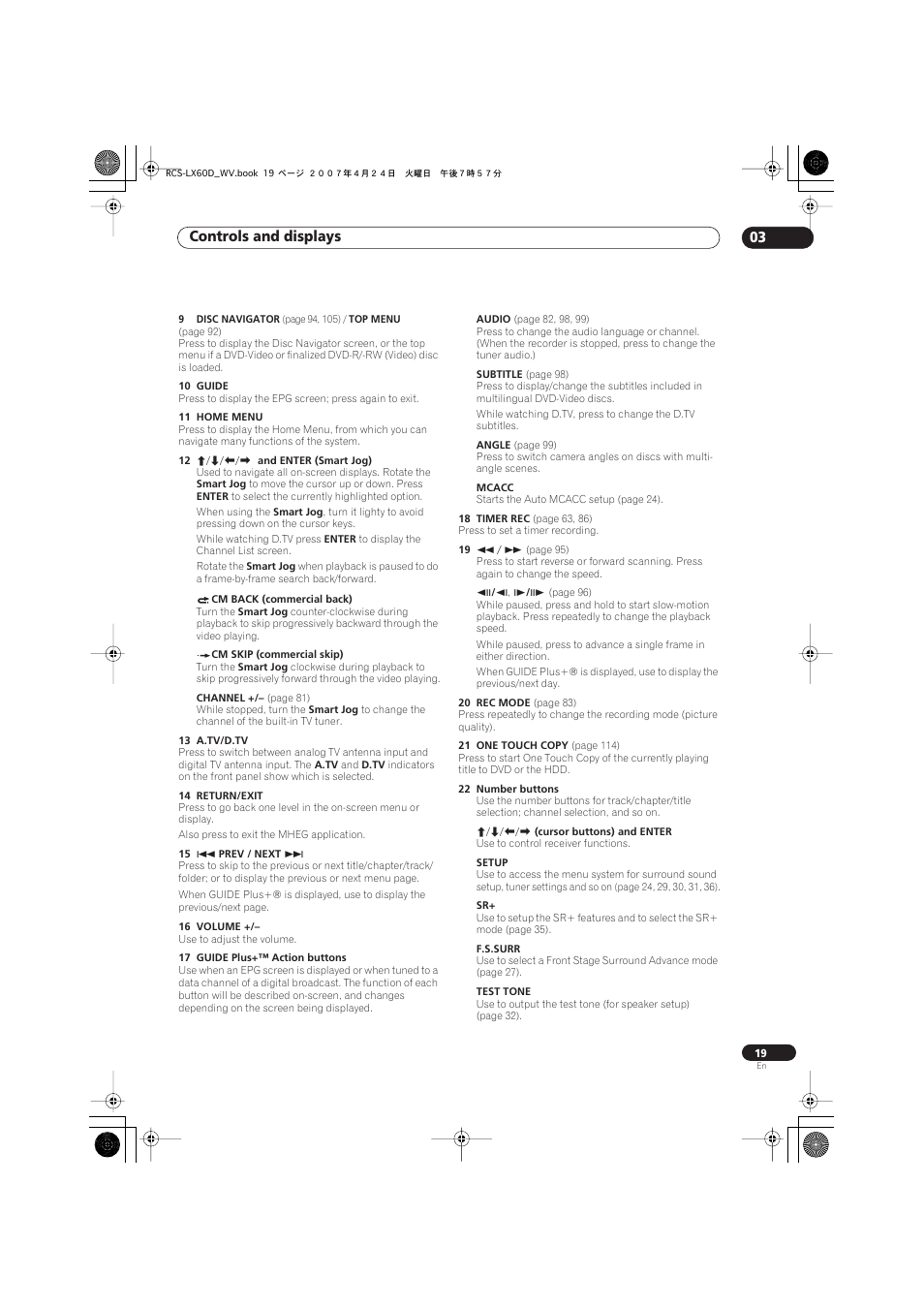 Controls and displays 03 | Pioneer RCS-LX60D User Manual | Page 19 / 164