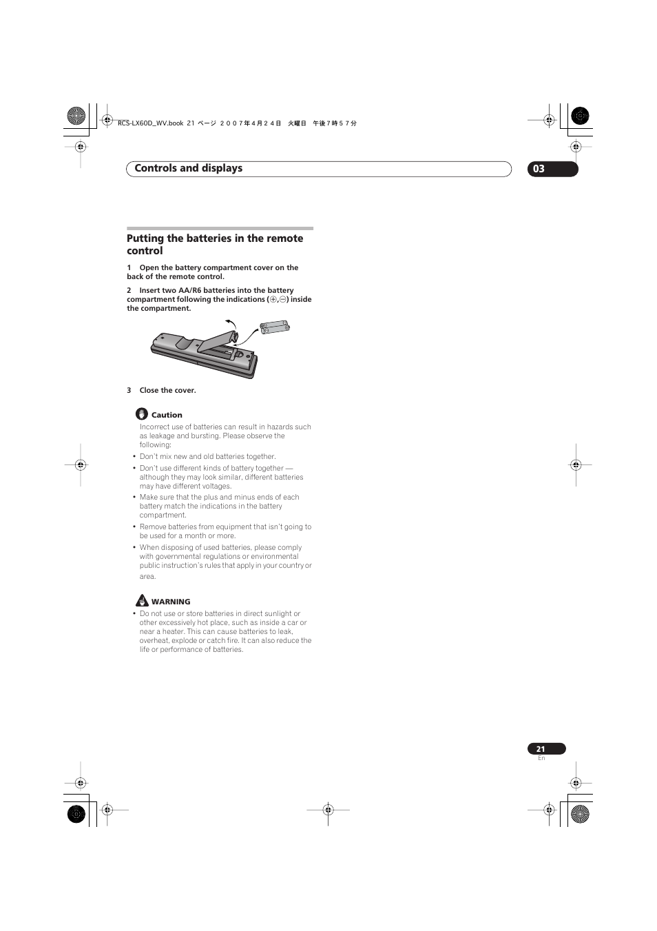 Putting the batteries in the remote control, Controls and displays 03 | Pioneer RCS-LX60D User Manual | Page 21 / 164