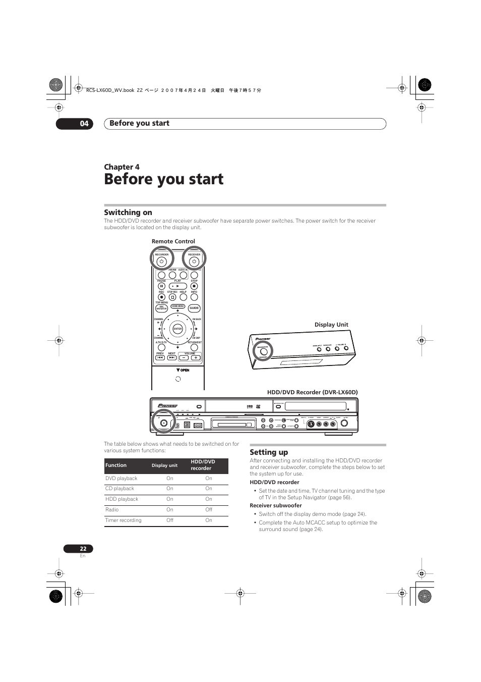 04 before you start, Switching on, Setting up | Before you start, Before you start 04, Chapter 4, Hdd/dvd recorder (dvr-lx60d) display unit, Remote control | Pioneer RCS-LX60D User Manual | Page 22 / 164