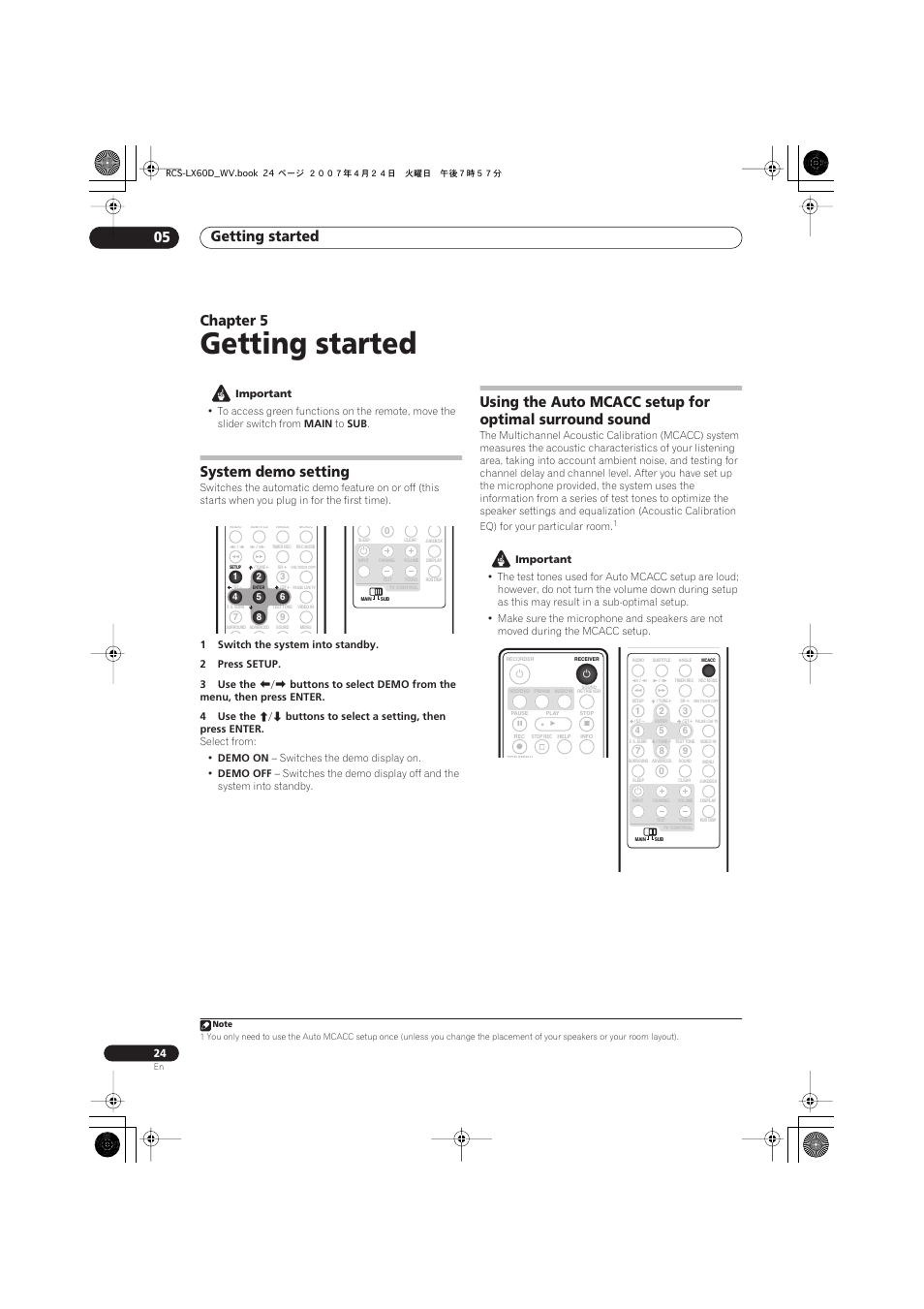 05 getting started, System demo setting, Getting started | Getting started 05, Chapter 5 | Pioneer RCS-LX60D User Manual | Page 24 / 164