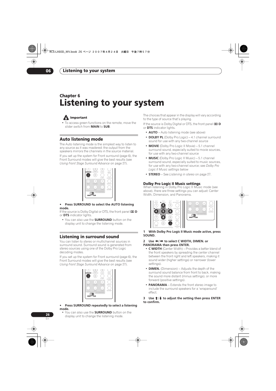 06 listening to your system, Auto listening mode, Listening in surround sound | Dolby pro logic ii music settings, Listening to your system, Listening to your system 06, Chapter 6 | Pioneer RCS-LX60D User Manual | Page 26 / 164