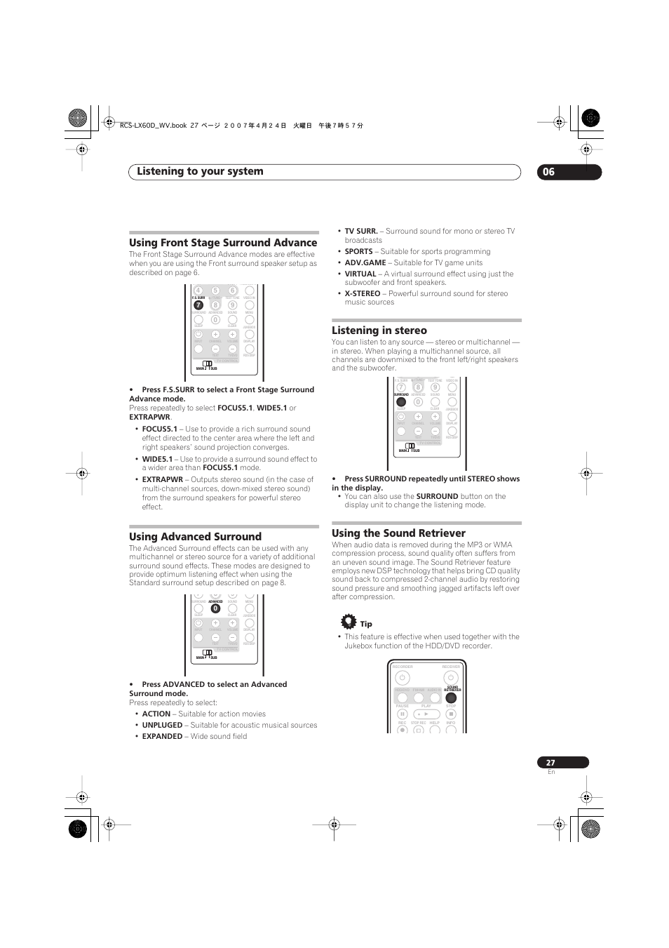 Using front stage surround advance, Using advanced surround, Listening in stereo | Using the sound retriever, Listening to your system 06 | Pioneer RCS-LX60D User Manual | Page 27 / 164