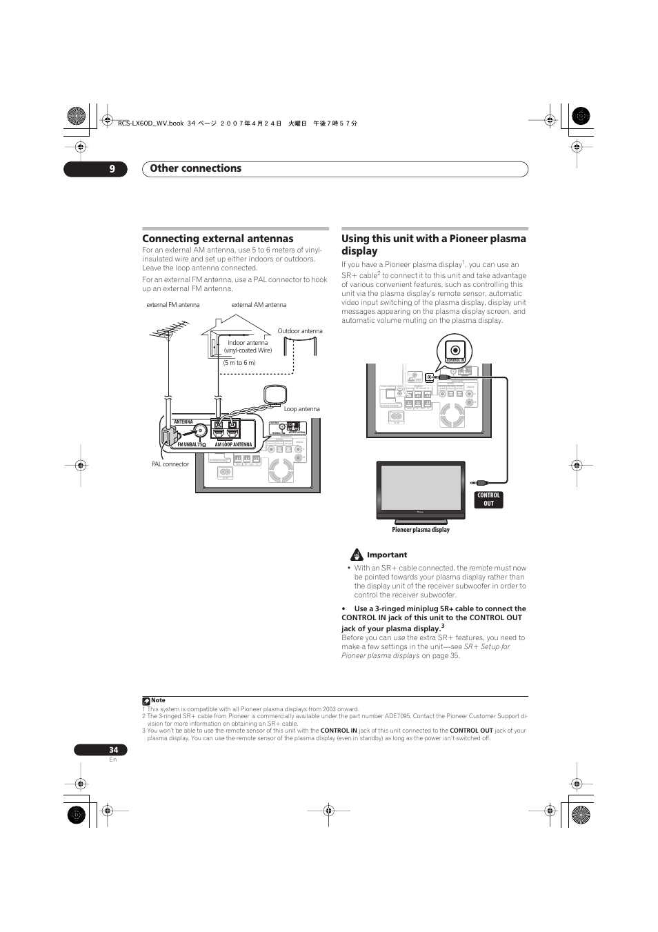 Connecting external antennas, Using this unit with a pioneer plasma display, Other connections 9 | If you have a pioneer plasma display, You can use an sr+ cable | Pioneer RCS-LX60D User Manual | Page 34 / 164