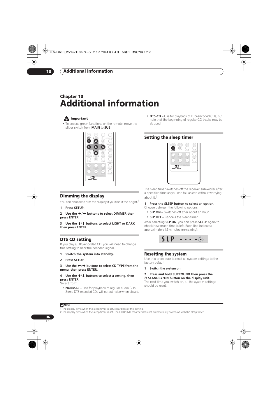 10 additional information, Dimming the display, Dts cd setting | Setting the sleep timer, Resetting the system, Additional information, S l p, Additional information 10, Chapter 10 | Pioneer RCS-LX60D User Manual | Page 36 / 164