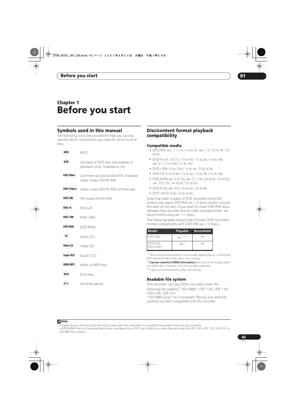 01 before you start, Symbols used in this manual, Disc/content format playback compatibility | Before you start, Before you start 01, Chapter 1 | Pioneer RCS-LX60D User Manual | Page 43 / 164