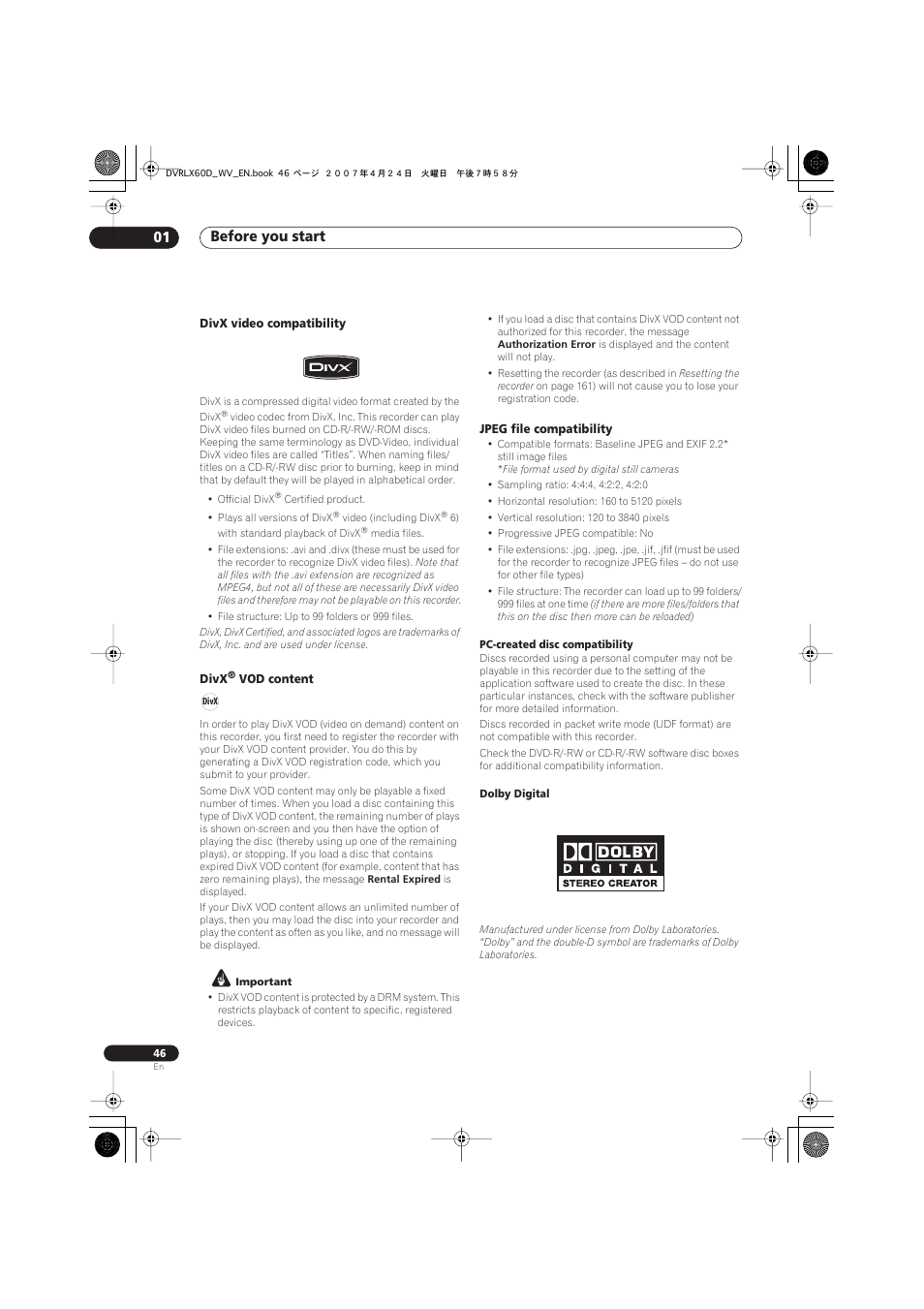 Before you start 01 | Pioneer RCS-LX60D User Manual | Page 46 / 164