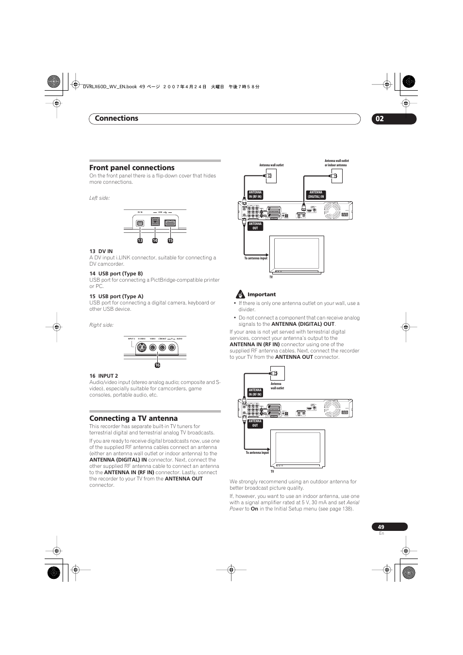 Front panel connections, Connecting a tv antenna, Connections 02 | Coaxial hdmi out, Input 3, Output | Pioneer RCS-LX60D User Manual | Page 49 / 164