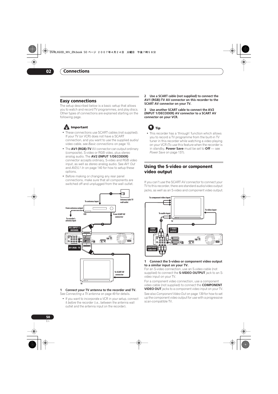 Easy connections, Using the s-video or component video output, Connections 02 | Coaxial hdmi out, Input 3, Output | Pioneer RCS-LX60D User Manual | Page 50 / 164