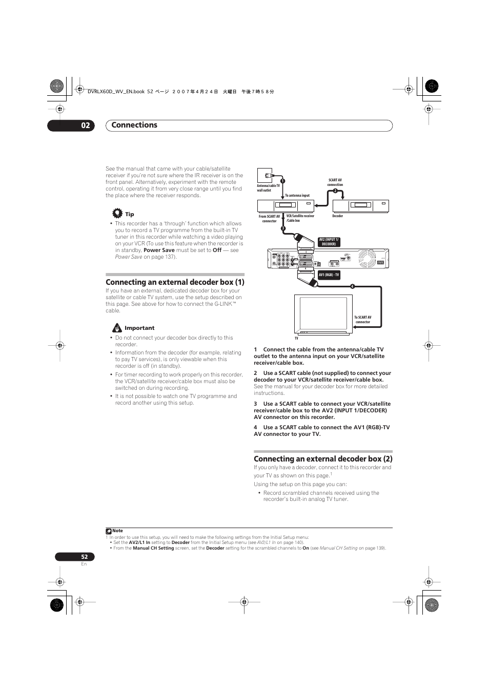 Connecting an external decoder box (1), Connecting an external decoder box (2), Connections 02 | Coaxial hdmi out, Input 3, Output | Pioneer RCS-LX60D User Manual | Page 52 / 164