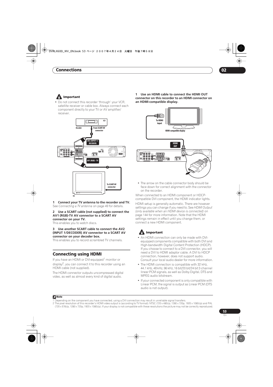 Connecting using hdmi, Connections 02, Coaxial hdmi out | Input 3, Output, Coaxial | Pioneer RCS-LX60D User Manual | Page 53 / 164