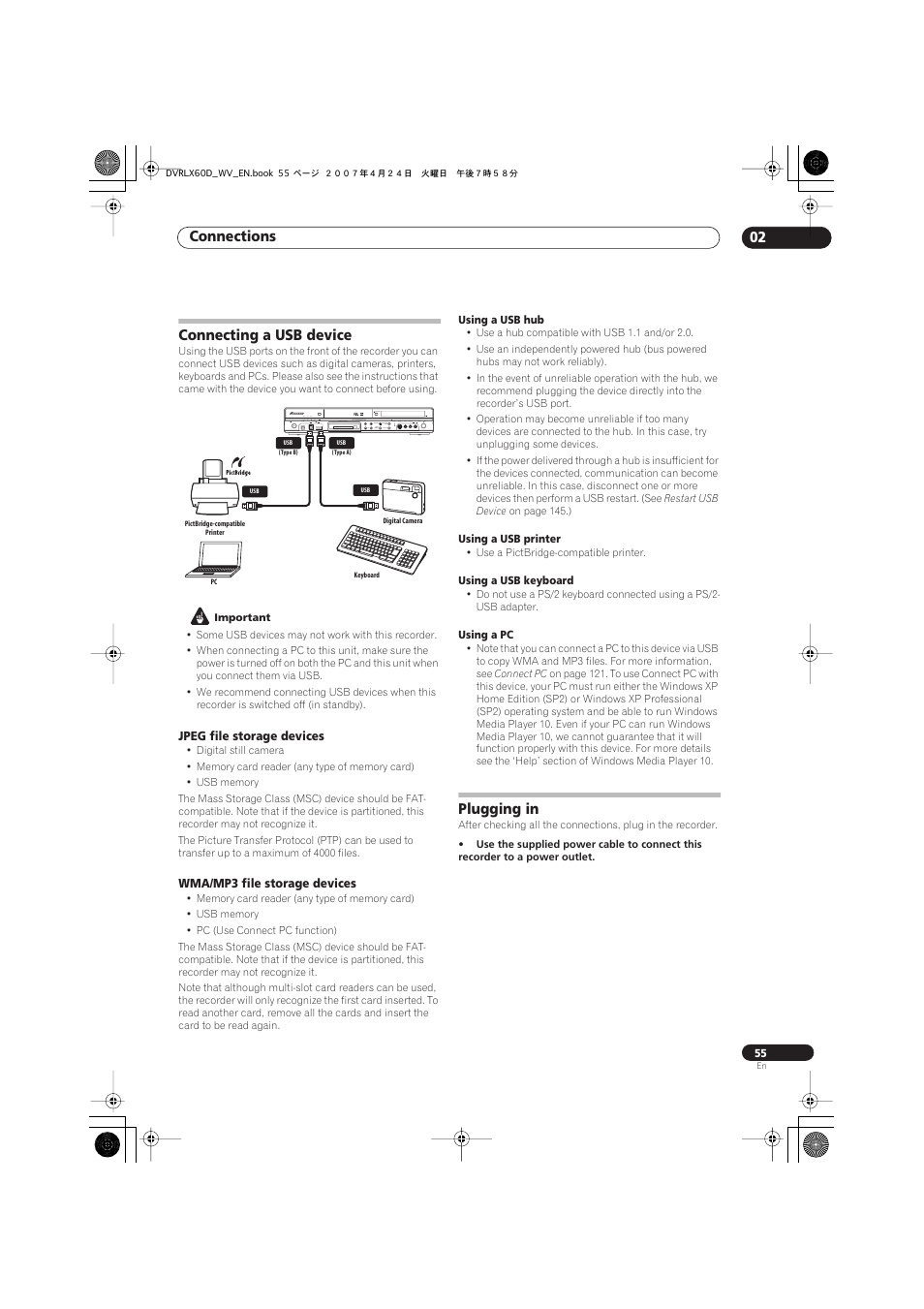 Connecting a usb device, Plugging in, Connections 02 | Pioneer RCS-LX60D User Manual | Page 55 / 164