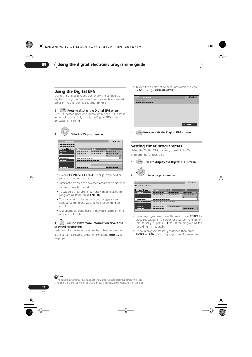 Using the digital epg, Setting timer programmes, Using the digital electronic programme guide 05 | Pioneer RCS-LX60D User Manual | Page 74 / 164